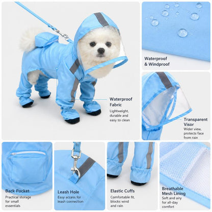 Small Dog Waterproof Puppy Poncho - 1 Count, Classic Solid Full Coverage Coat with Transparent Face Shield, Integrated Foot Covers, Breathable Mesh, Visibility Strips for Rainy Day Outdoor Walking Visibility Boost
