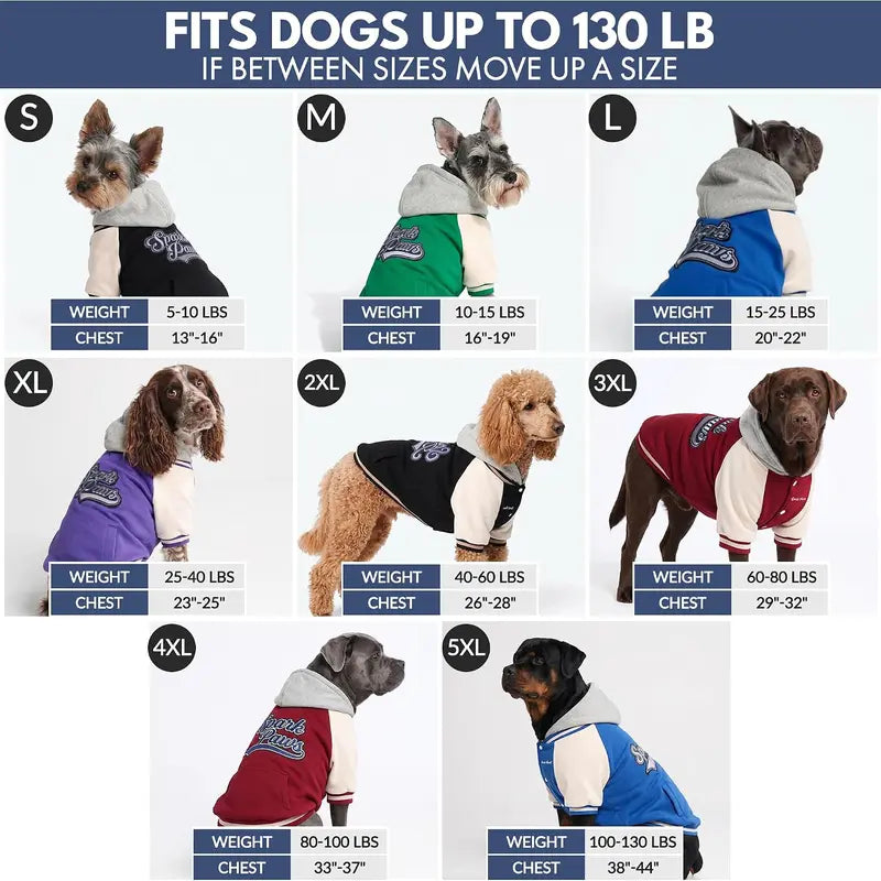 Spark Paws Varsity Dog Jacket - Dog Hoodie Winter Coat for Small Large Dogs | Medium XL 3XL 5XL Warm Fleece-Lined Puppy Clothes, Letterman Style with Faux Hood, Fits Pitbull Frenchie, Girl or Boy
