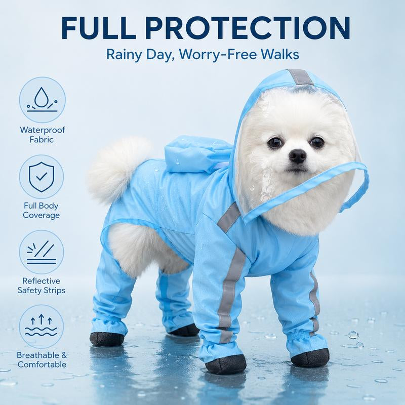 Small Dog Waterproof Puppy Poncho - 1 Count, Classic Solid Full Coverage Coat with Transparent Face Shield, Integrated Foot Covers, Breathable Mesh, Visibility Strips for Rainy Day Outdoor Walking Visibility Boost