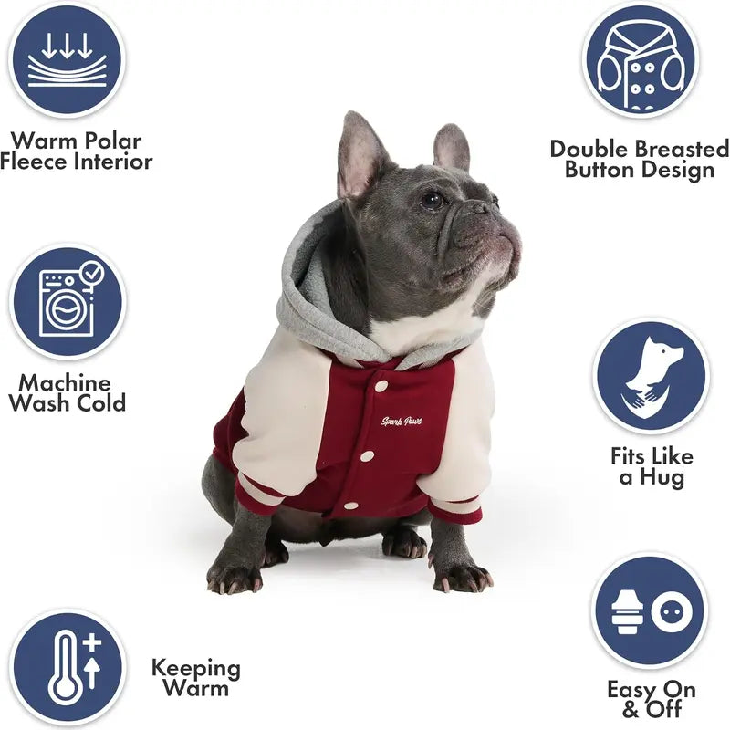 Spark Paws Varsity Dog Jacket - Dog Hoodie Winter Coat for Small Large Dogs | Medium XL 3XL 5XL Warm Fleece-Lined Puppy Clothes, Letterman Style with Faux Hood, Fits Pitbull Frenchie, Girl or Boy