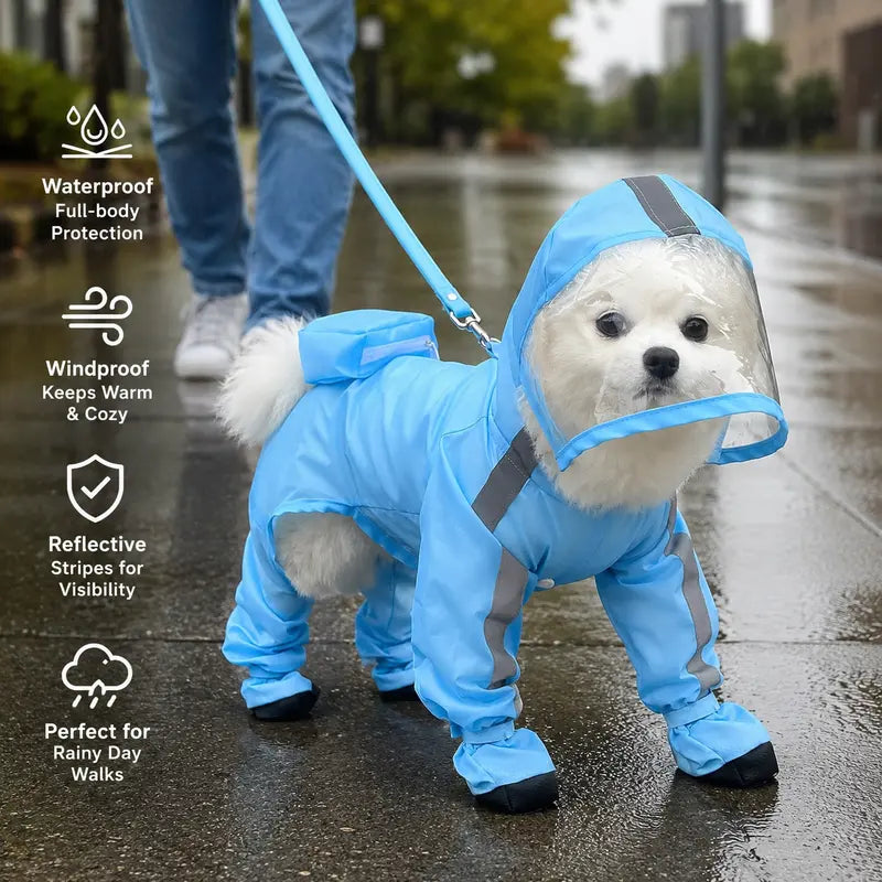 Small Dog Waterproof Puppy Poncho - 1 Count, Classic Solid Full Coverage Coat with Transparent Face Shield, Integrated Foot Covers, Breathable Mesh, Visibility Strips for Rainy Day Outdoor Walking Visibility Boost