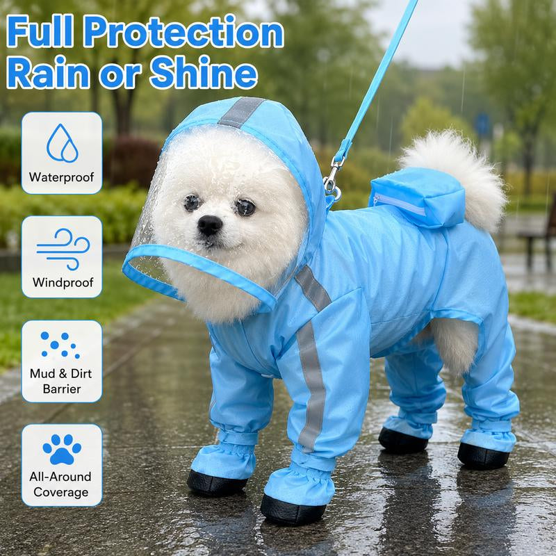 Small Dog Waterproof Puppy Poncho - 1 Count, Classic Solid Full Coverage Coat with Transparent Face Shield, Integrated Foot Covers, Breathable Mesh, Visibility Strips for Rainy Day Outdoor Walking Visibility Boost