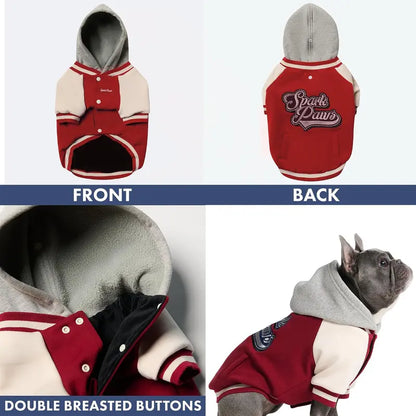Spark Paws Varsity Dog Jacket - Dog Hoodie Winter Coat for Small Large Dogs | Medium XL 3XL 5XL Warm Fleece-Lined Puppy Clothes, Letterman Style with Faux Hood, Fits Pitbull Frenchie, Girl or Boy