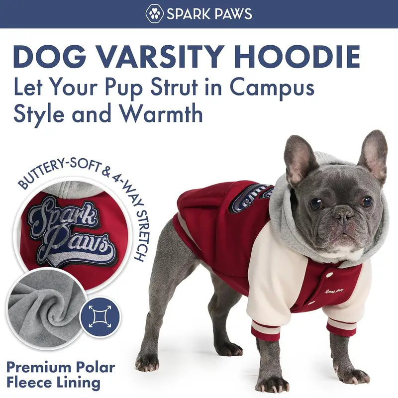 Spark Paws Varsity Dog Jacket - Dog Hoodie Winter Coat for Small Large Dogs | Medium XL 3XL 5XL Warm Fleece-Lined Puppy Clothes, Letterman Style with Faux Hood, Fits Pitbull Frenchie, Girl or Boy