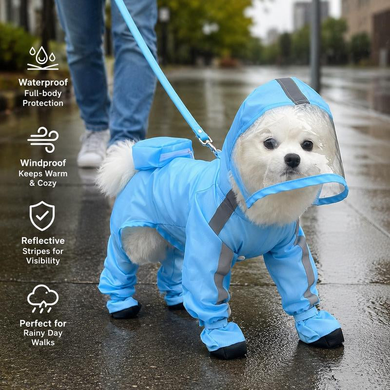 Small Dog Waterproof Puppy Poncho - 1 Count, Classic Solid Full Coverage Coat with Transparent Face Shield, Integrated Foot Covers, Breathable Mesh, Visibility Strips for Rainy Day Outdoor Walking Visibility Boost