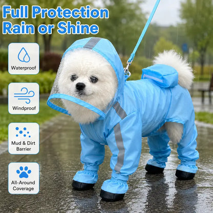 Small Dog Waterproof Puppy Poncho - 1 Count, Classic Solid Full Coverage Coat with Transparent Face Shield, Integrated Foot Covers, Breathable Mesh, Visibility Strips for Rainy Day Outdoor Walking Visibility Boost