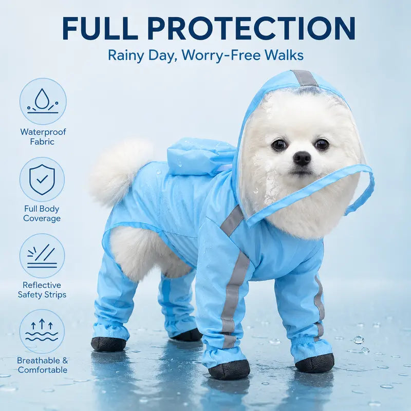 Small Dog Waterproof Puppy Poncho - 1 Count, Classic Solid Full Coverage Coat with Transparent Face Shield, Integrated Foot Covers, Breathable Mesh, Visibility Strips for Rainy Day Outdoor Walking Visibility Boost
